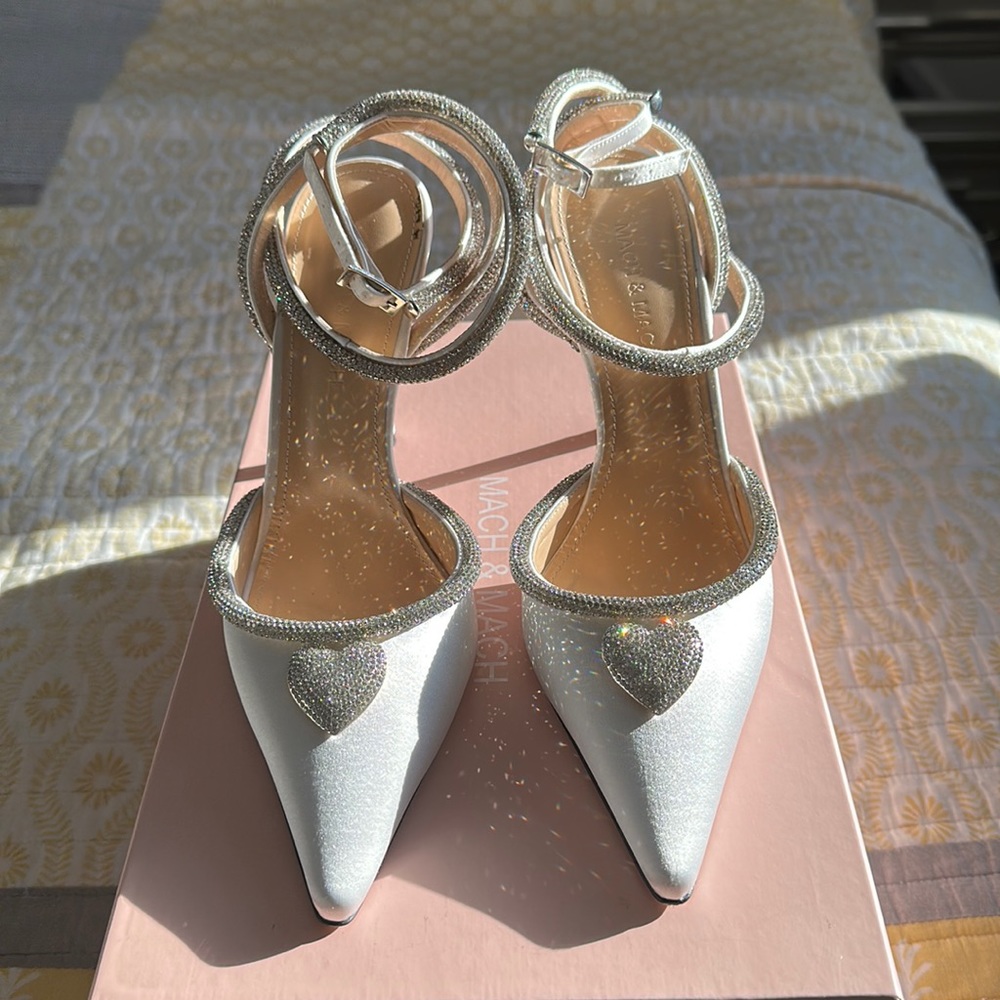 Satin crystal heart heels